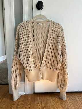 Reformation Beige Open-Knit Cropped Button Cardigan